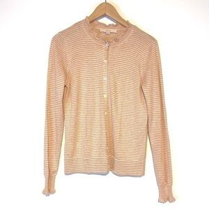 Ann Taylor Loft Striped Metallic Button Up Cardigan Sweater Blush Pink Medium